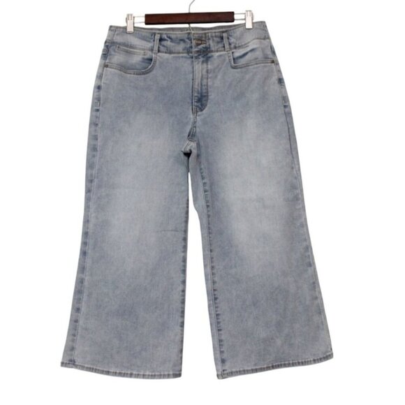 NYDJ Wide Leg Cropped Jeans Size 10 High Rise Light Wash Stretch Denim Lift Tuck - Picture 1 of 12